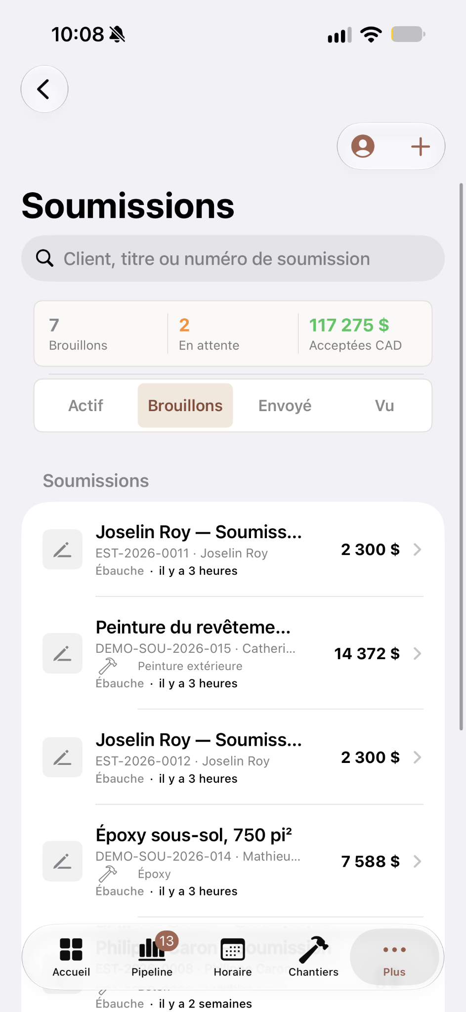 Gestion des soumissions Fondation Flow sur iPhone